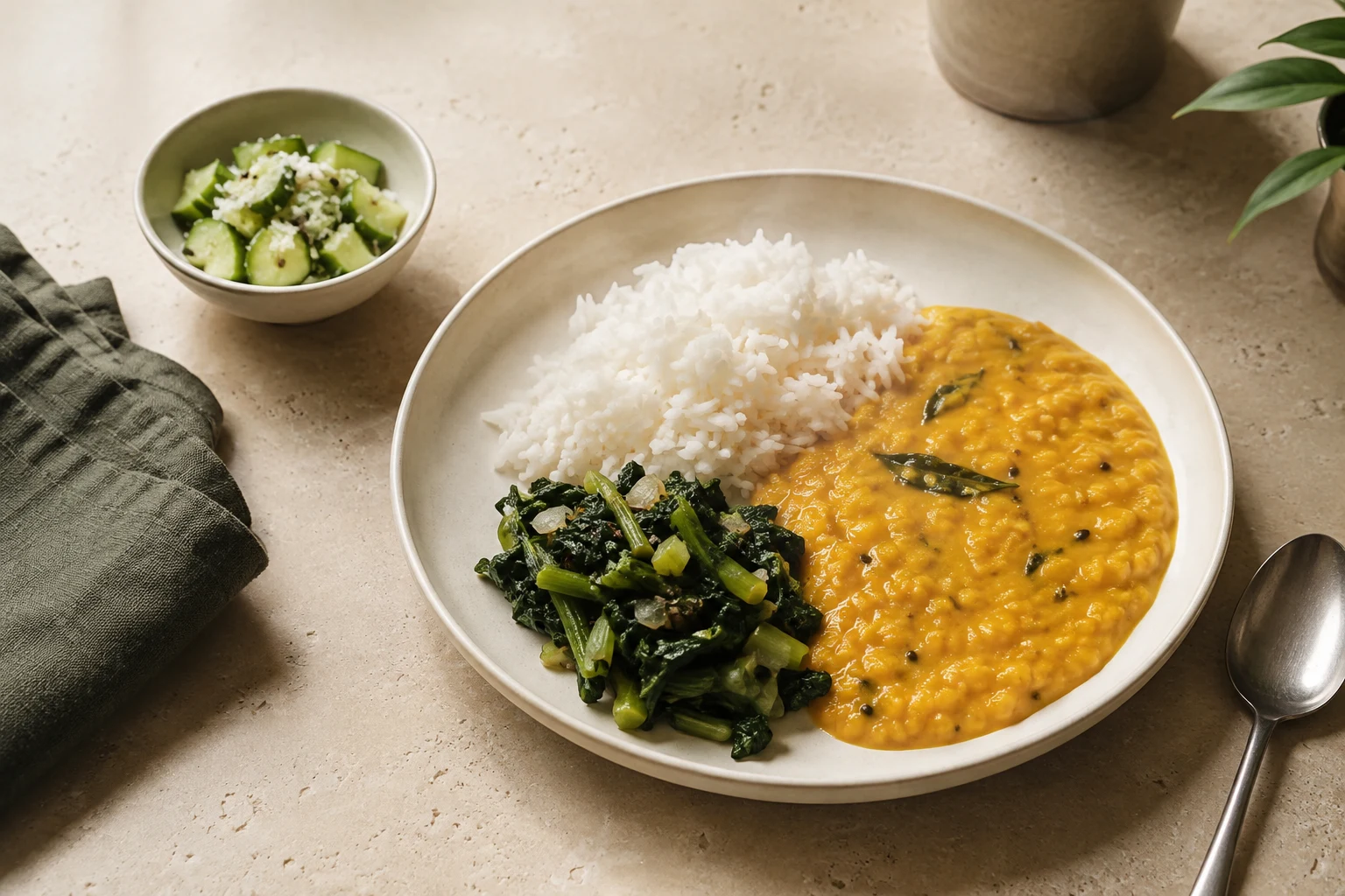 Rice, dal and seasonal vegetables on a ceramic plate in natural daylight