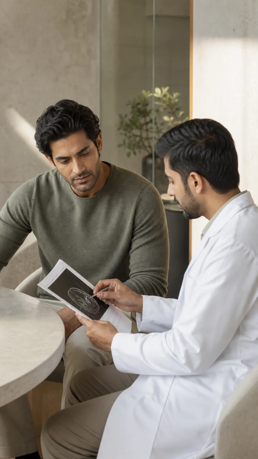 A calm consultation setting where a person and clinician review a health baseline together