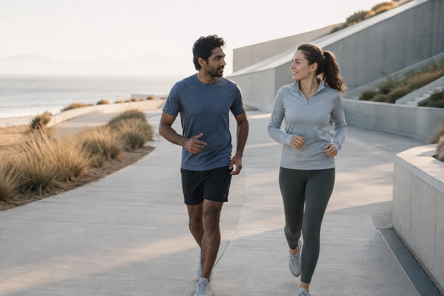 An athletic pair moving through an open landscape in soft morning light
